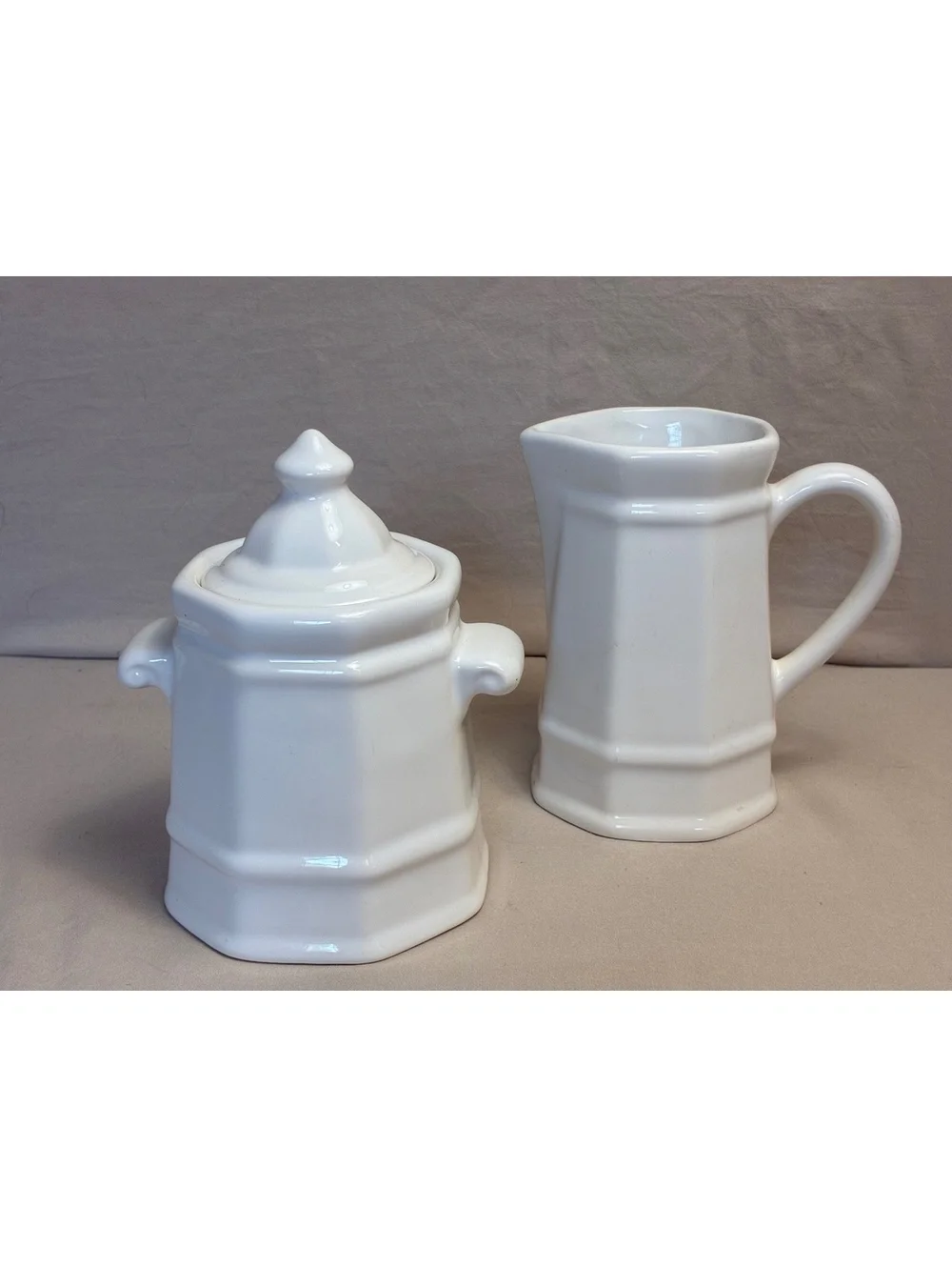 White Ceramic Sugar Bowl and Creamer Set with Lid